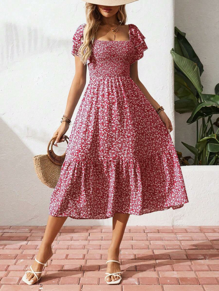 Floral Smocked Square-Neck Midi Dress