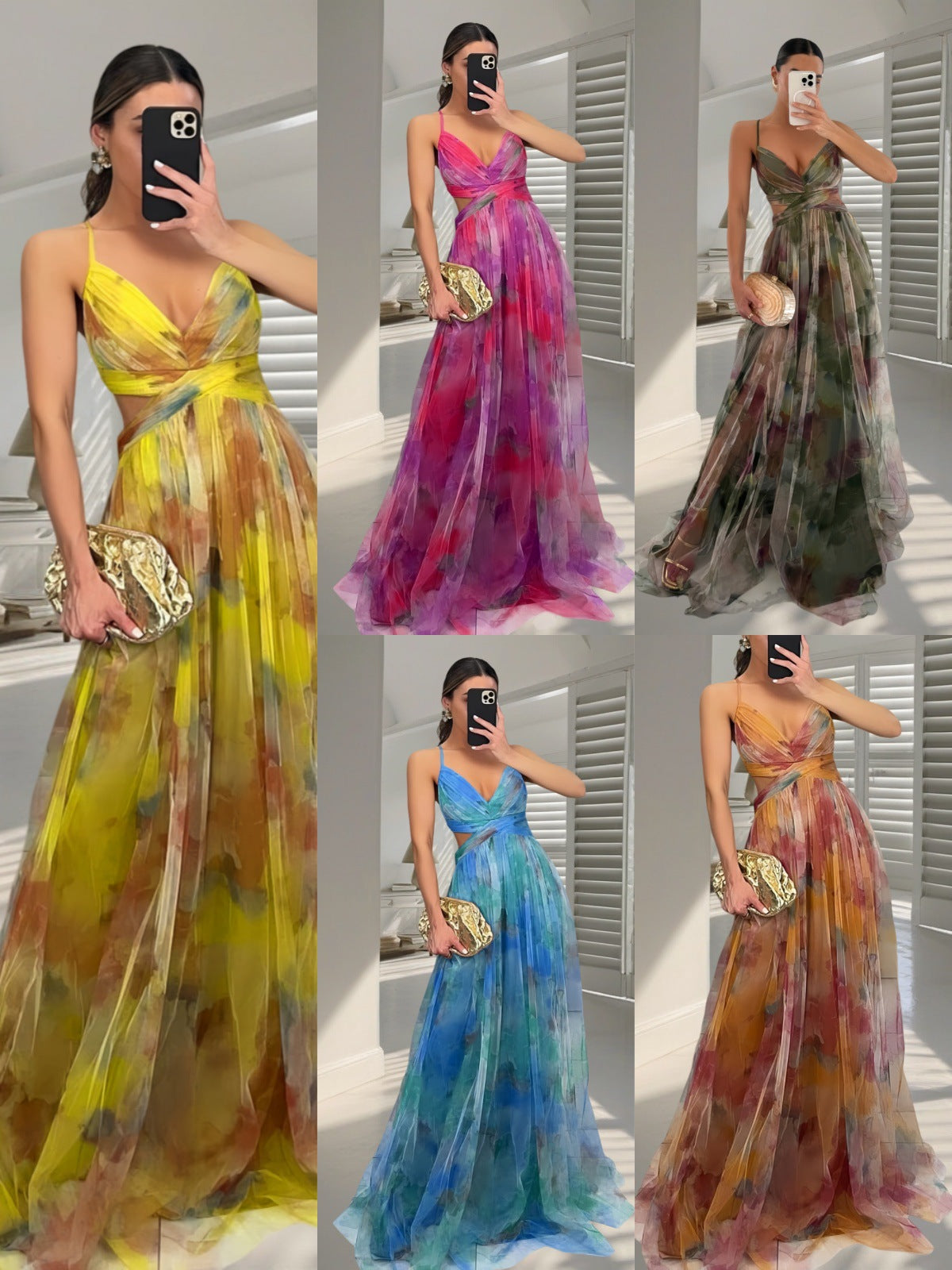 Printed Mesh Maxi Dress