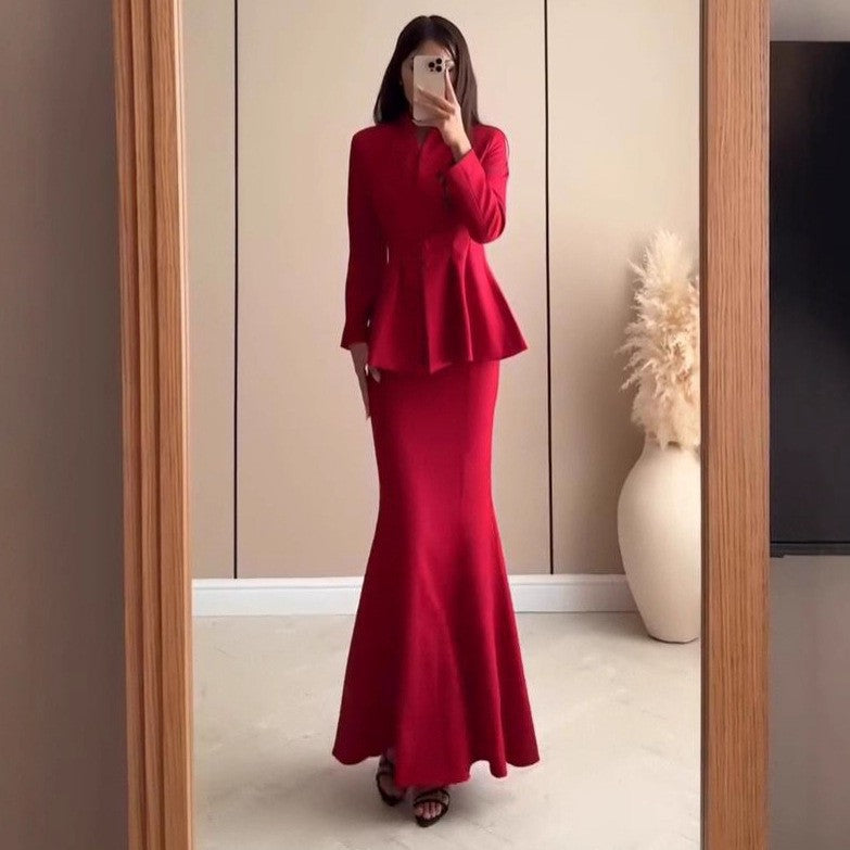 Sophisticated Peplum Blazer and Maxi Skirt Set