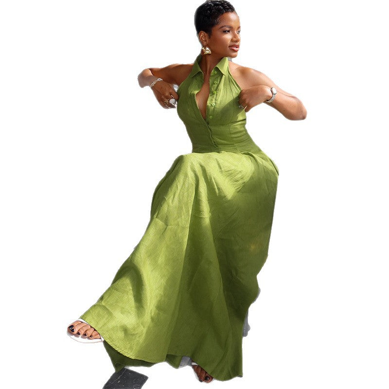Halter V-Neck Button Dress