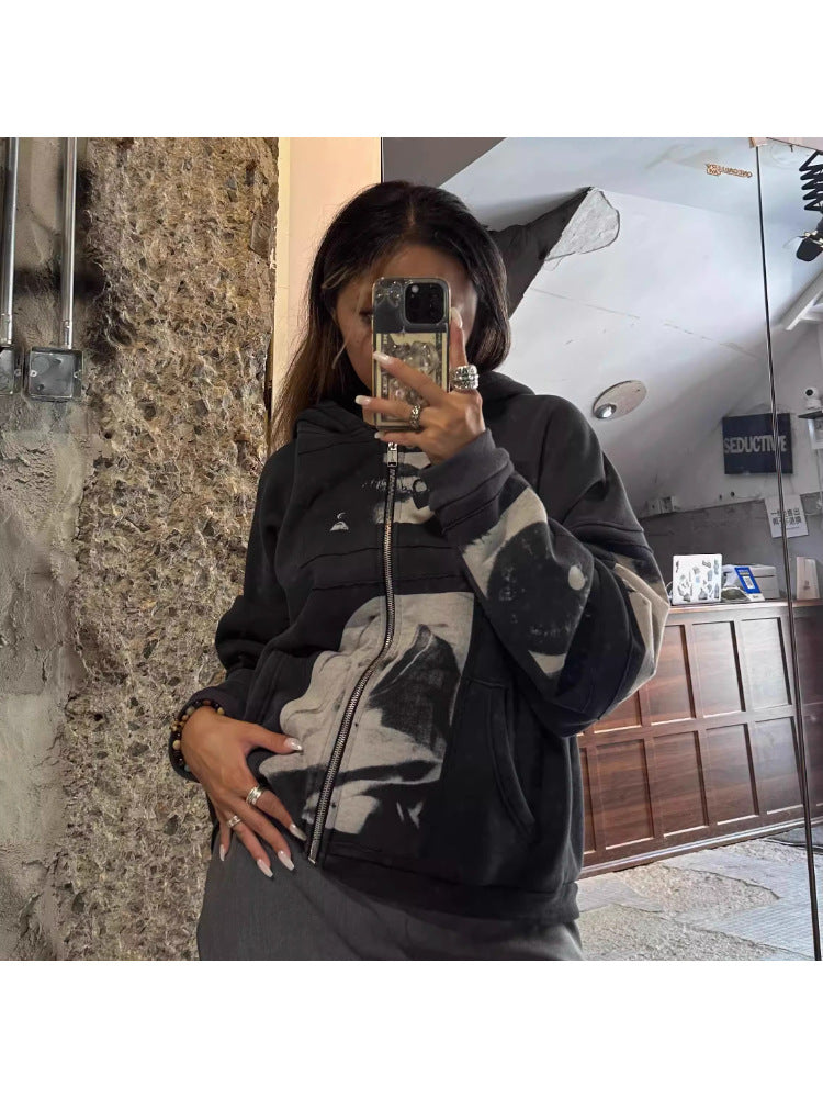 Distressed Graphic Zip-Up Hoodie