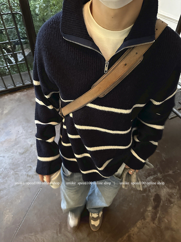 Zip-Neck Ribbed Knit Sweater