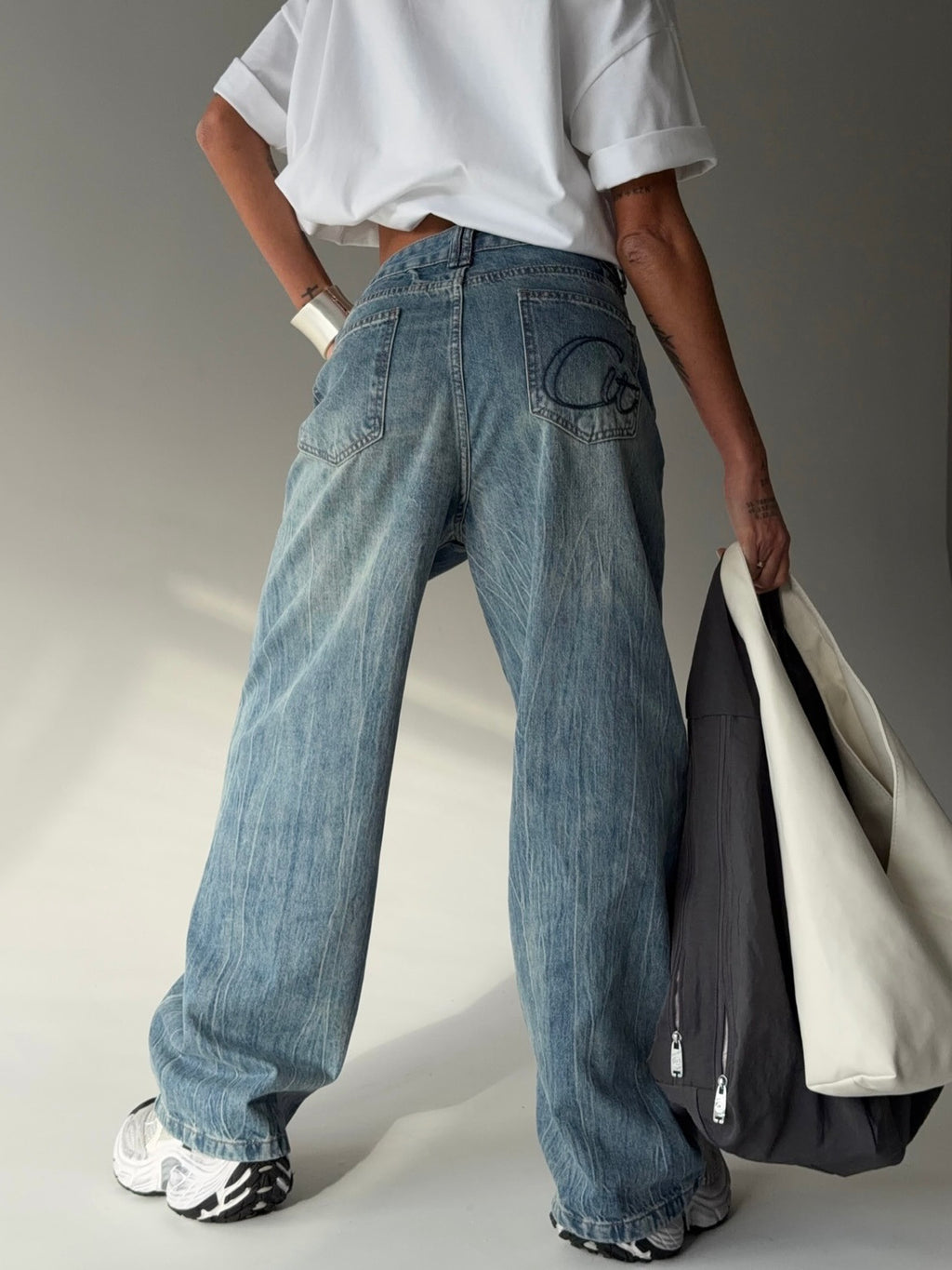 Asymmetrical Button Fly Wide Leg Jeans