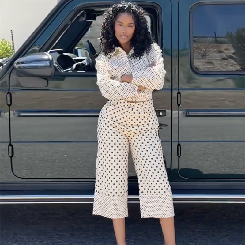 Polka-Dot Shirt & Wide-Leg Pants Set