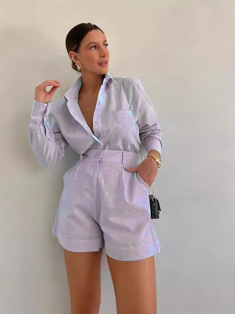 Chic Collared Shirt and High Waist Shorts Matching Set