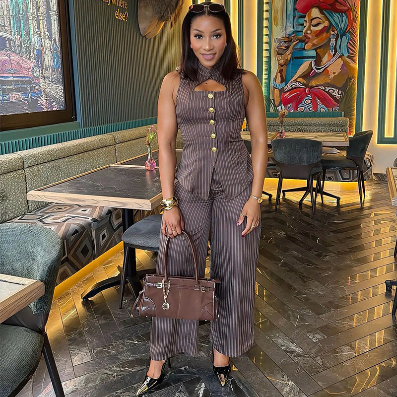 Button Vest & Striped Pants Set