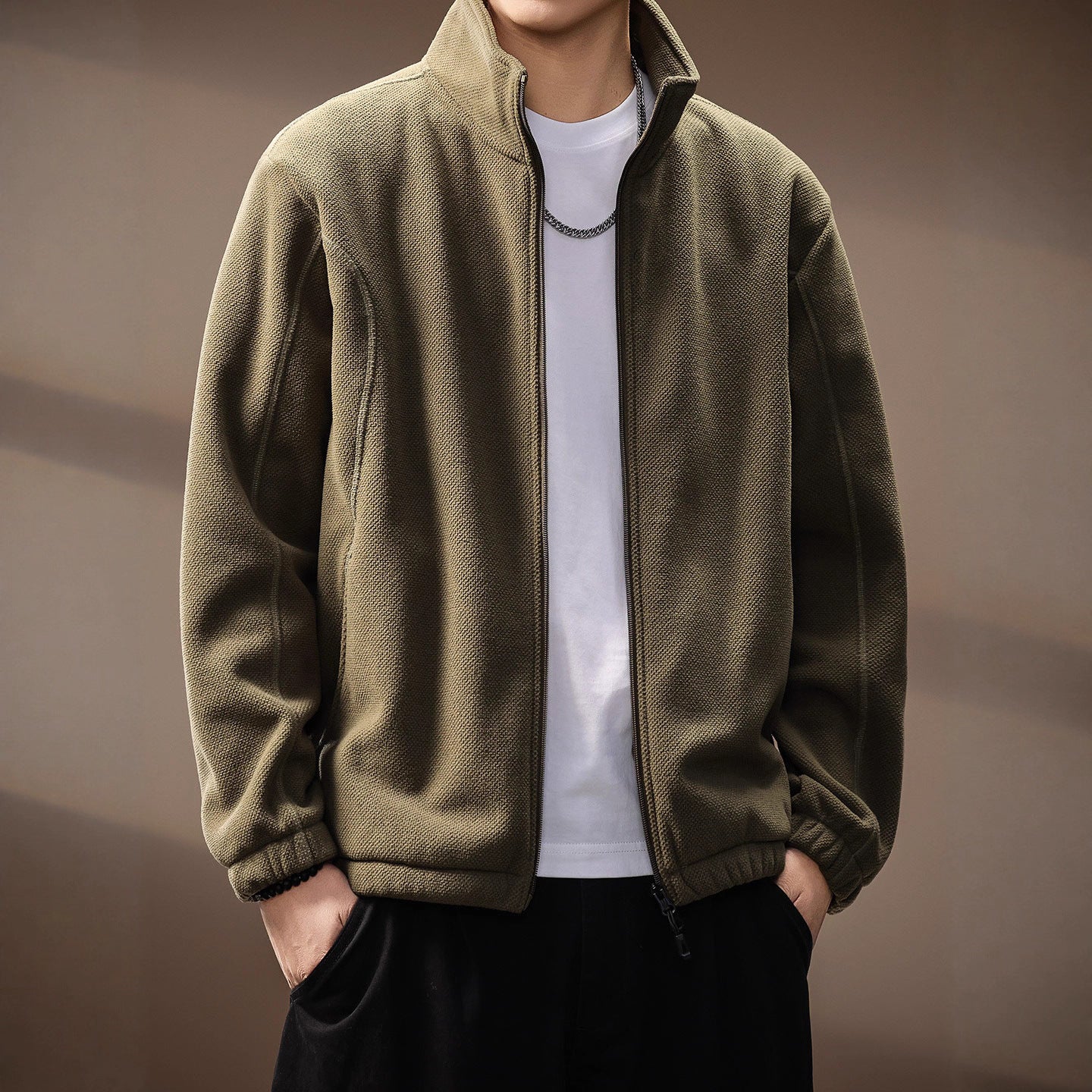 Textured Stand-Collar Zip Jacket
