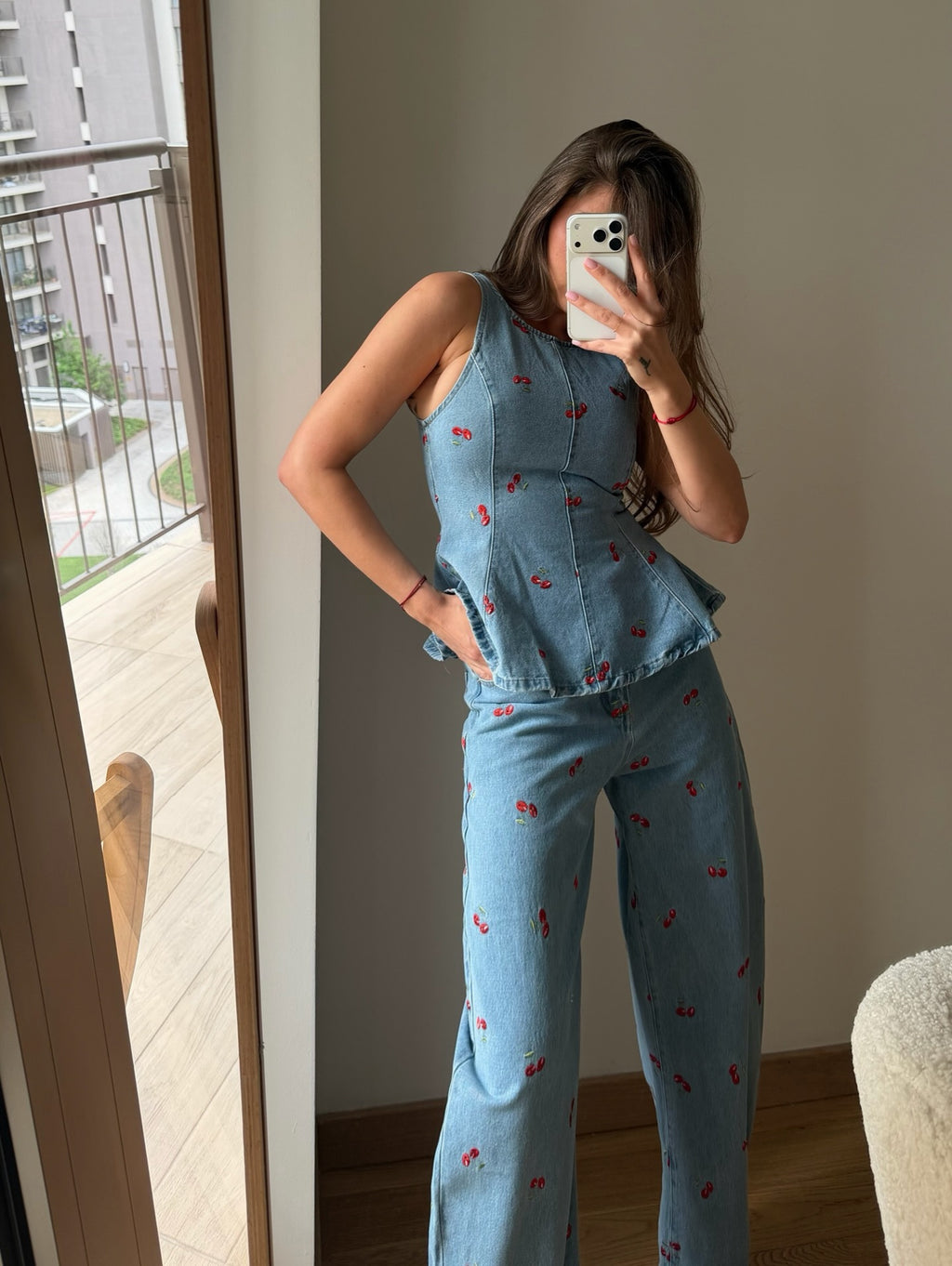 Cherry Print Denim Peplum Top and Wide Leg Pants Set