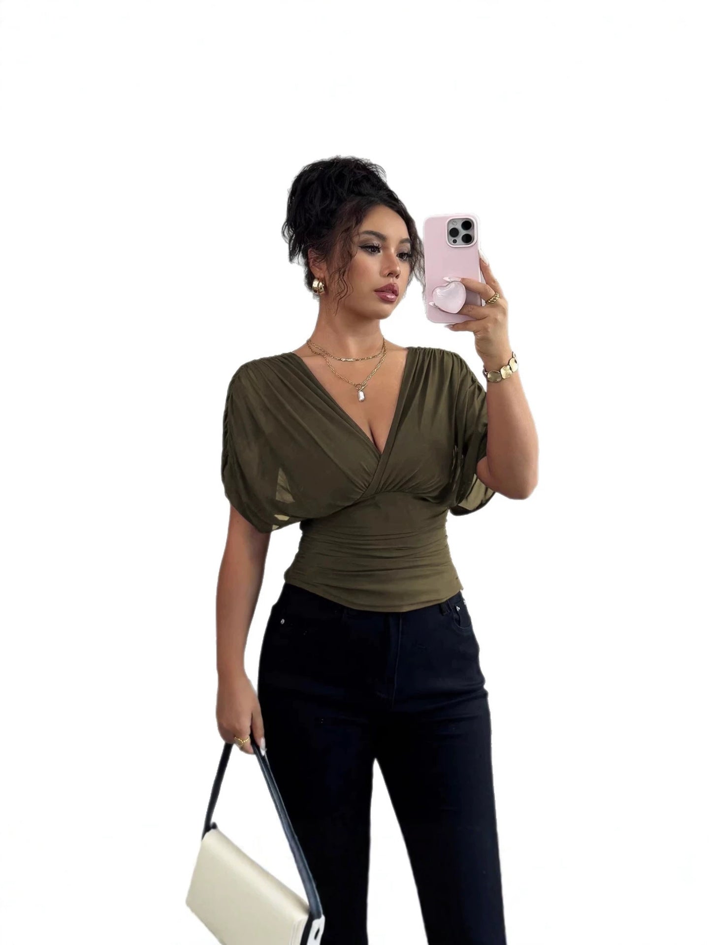 Elegant Ruched V Neck Drape Top