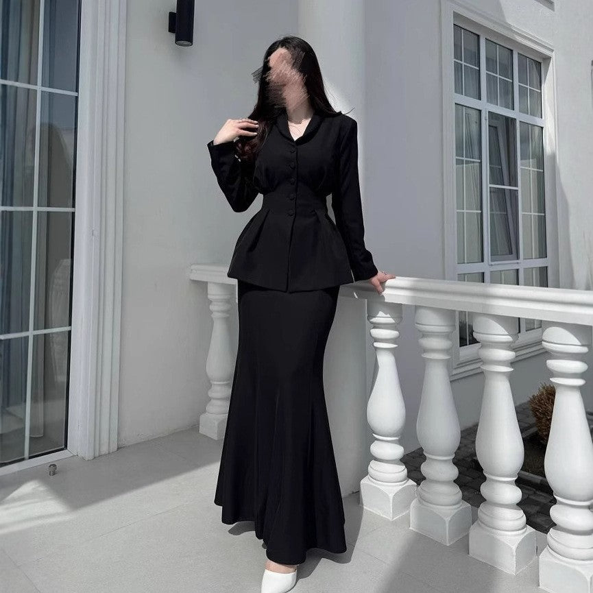 Sophisticated Peplum Blazer and Maxi Skirt Set