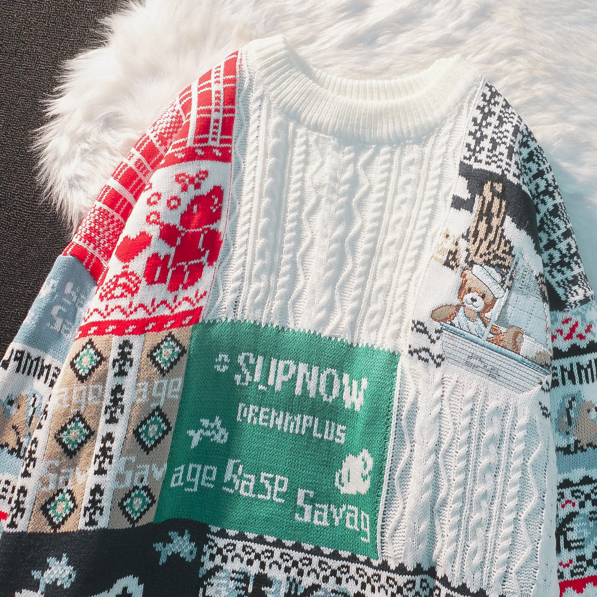 Festive Patchwork Bear Sweater