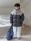 Hooded color-blocked down jacket in gray blue