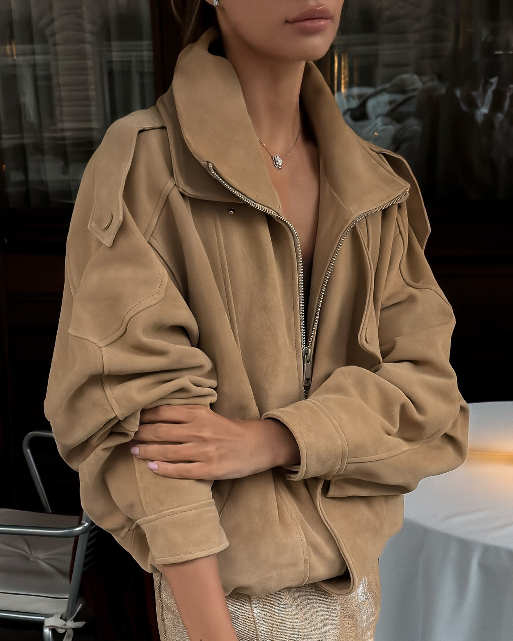 Suede Slouchy Utility Bomber Jacket
