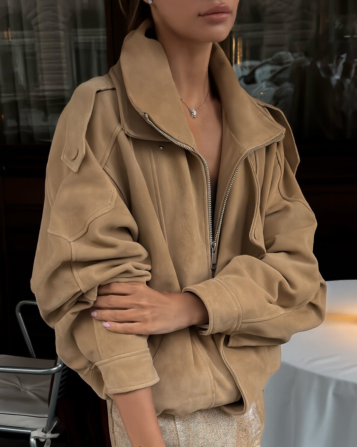 Suede Slouchy Utility Bomber Jacket