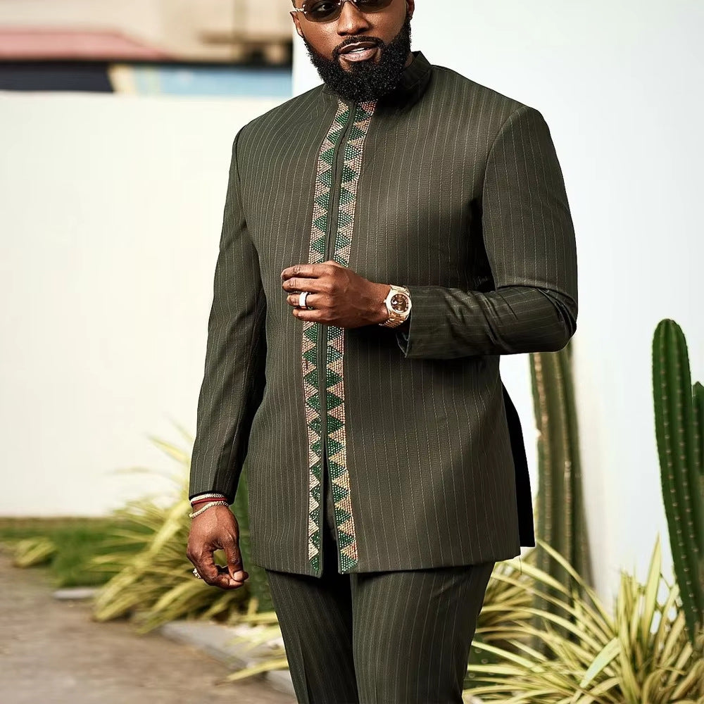 Traditional Muslim African Style Men Wedding New Suit 2 Piece Set Round Neck Long Sleeve Top Plus Pants Foreign Trade