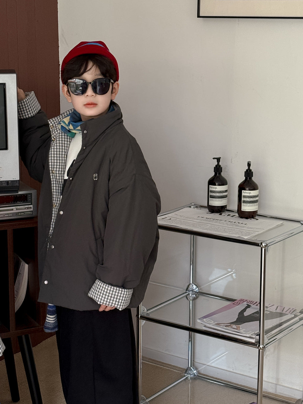 Kids' Plaid Padded Stand-Collar Jacket