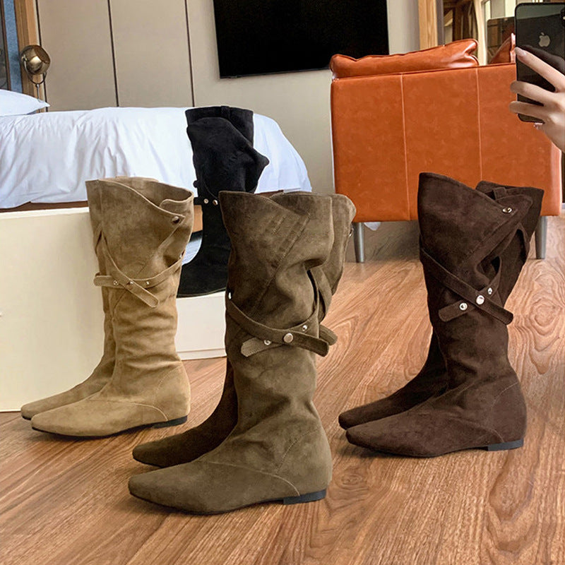 Pleated Buckle Mid-Calf Boots