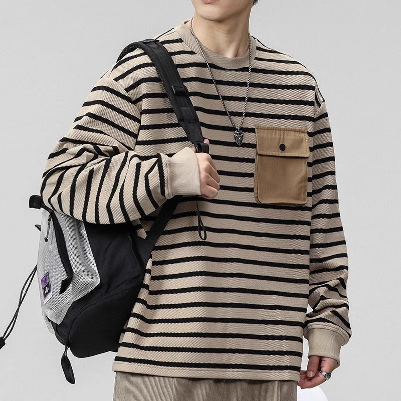 Striped Pocket Crewneck Sweatshirt