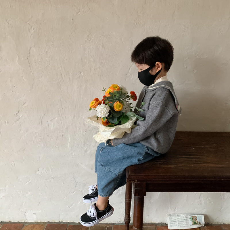 Kids' Navy-Collar Character Knit Sweater