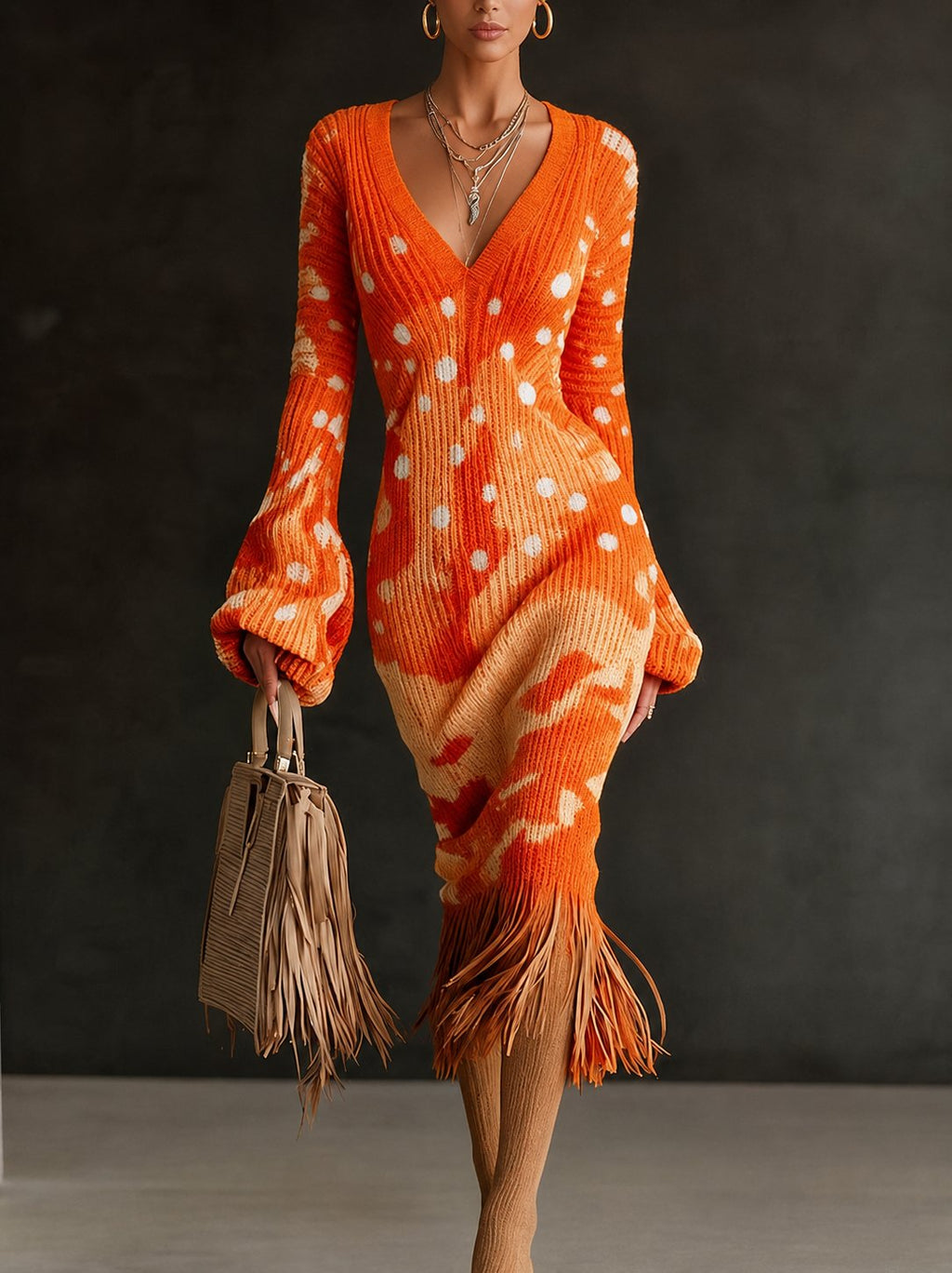 Printed Fringe Knit Dress