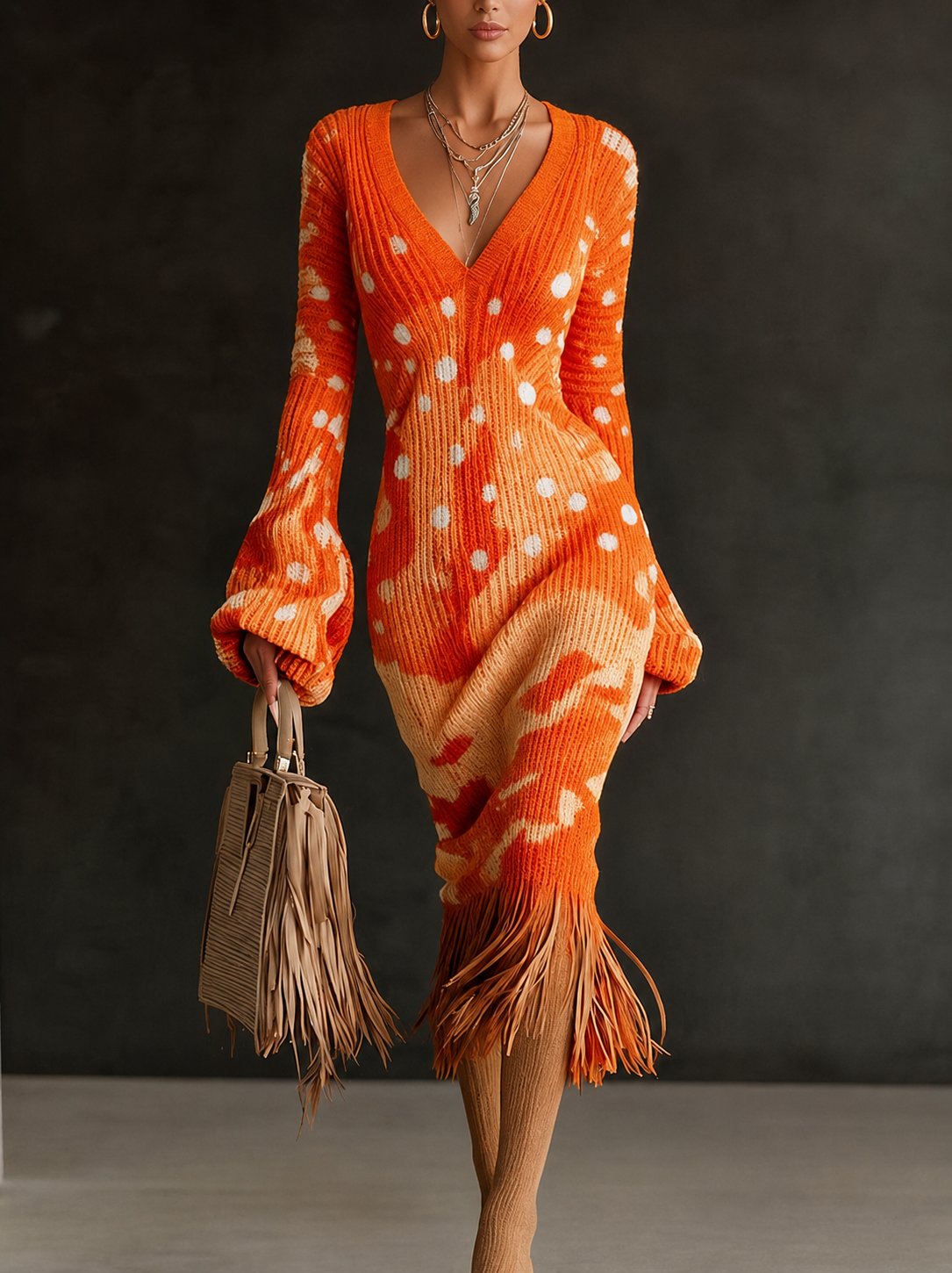 Printed Fringe Knit Dress