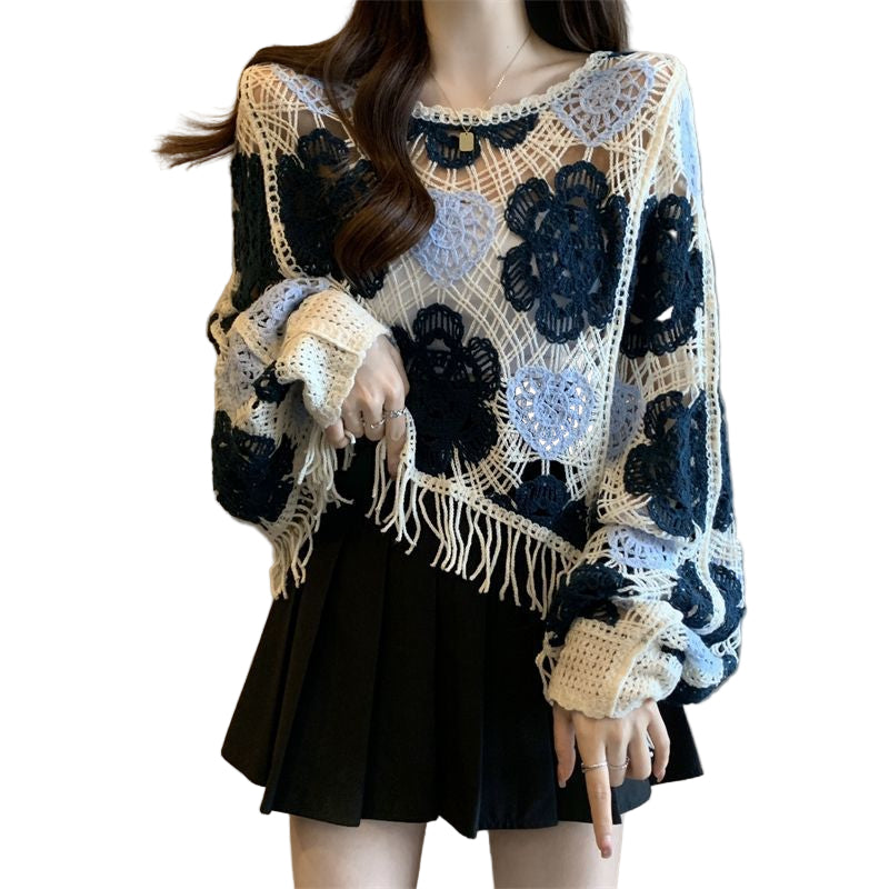 Vintage French fringed crochet sweater women's summer plus size fat high-end loose temperament slim long-sleeved top