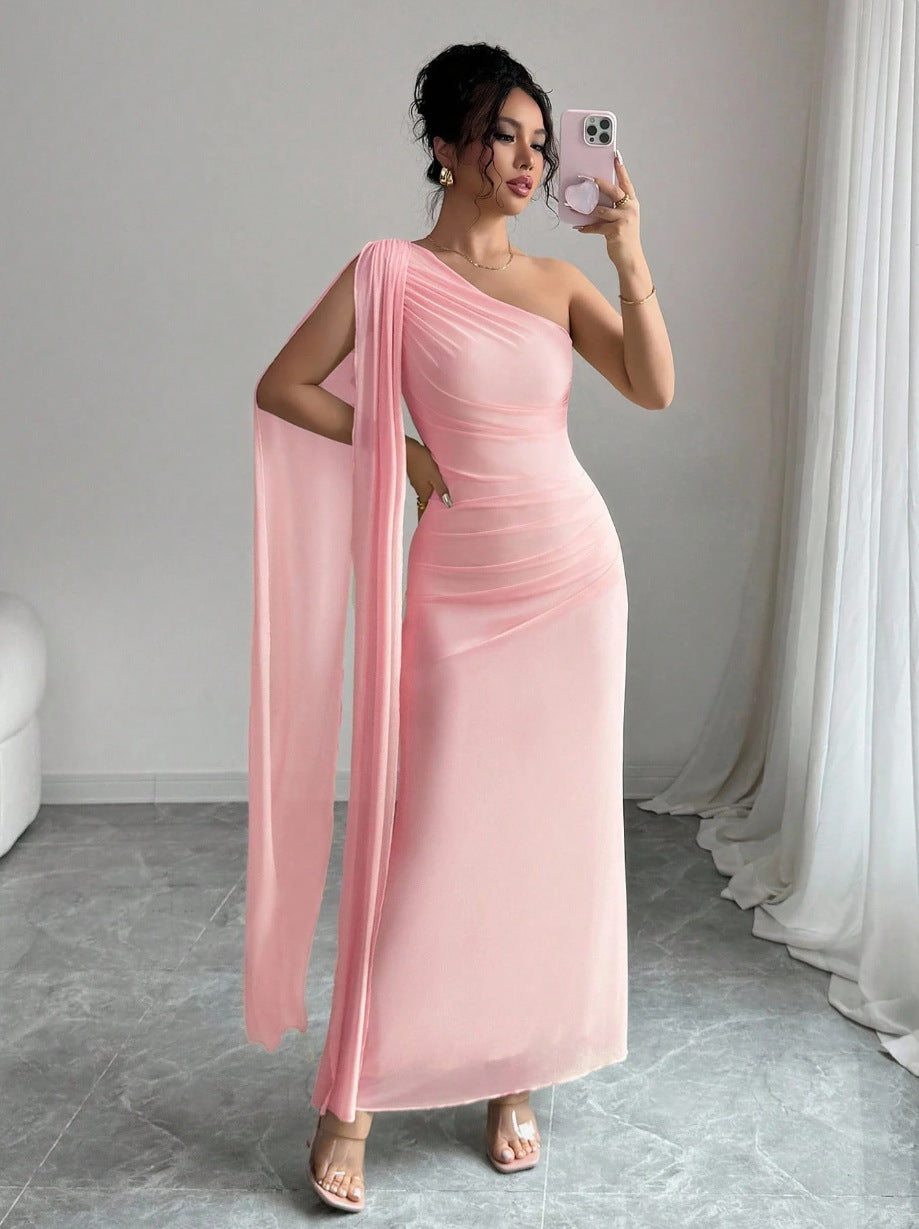Elegant Mesh One Shoulder Draped Maxi Dress