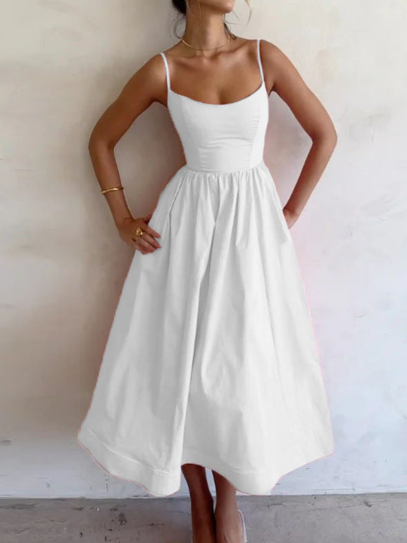Pleated U-Neck Strap Dress