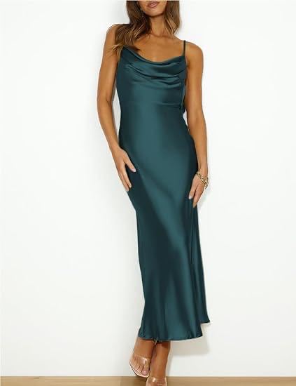 Elegant Satin Cowl Neck Slip Maxi Dress,