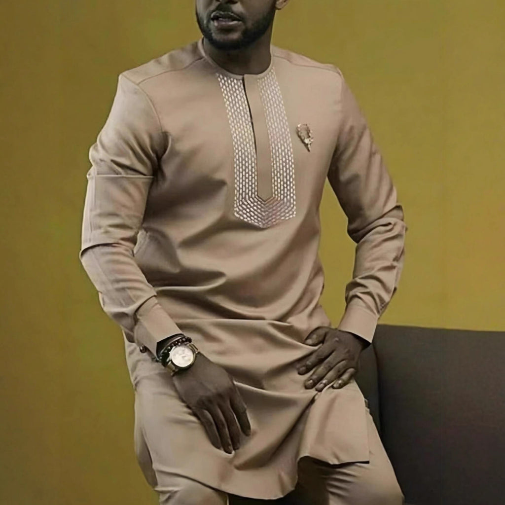 Traditional Muslim African Style Men Wedding New Suit 2 Piece Set Round Neck Long Sleeve Top Plus Pants Foreign Trade