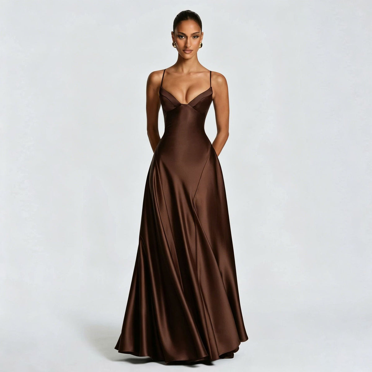 Backless A-Line Maxi Dress - Dark Brown