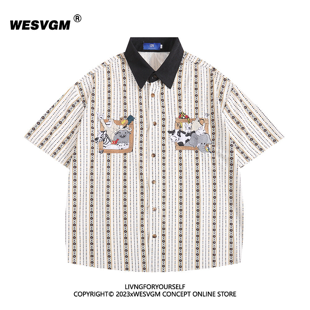 Cartoon Embroidered Striped Shirt