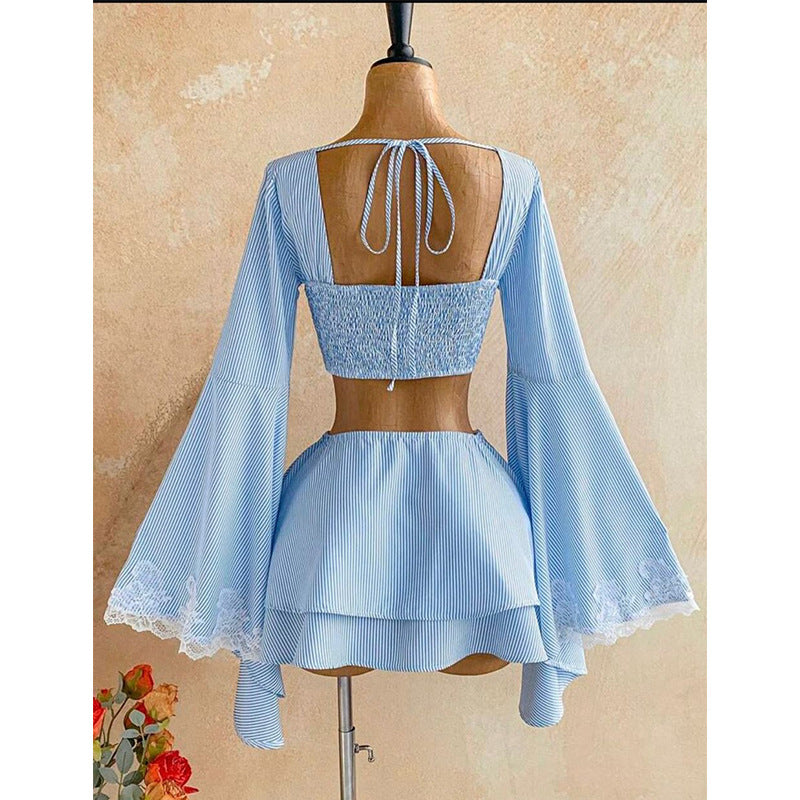 Lace Flare-Sleeve Top & Striped Skirt Set