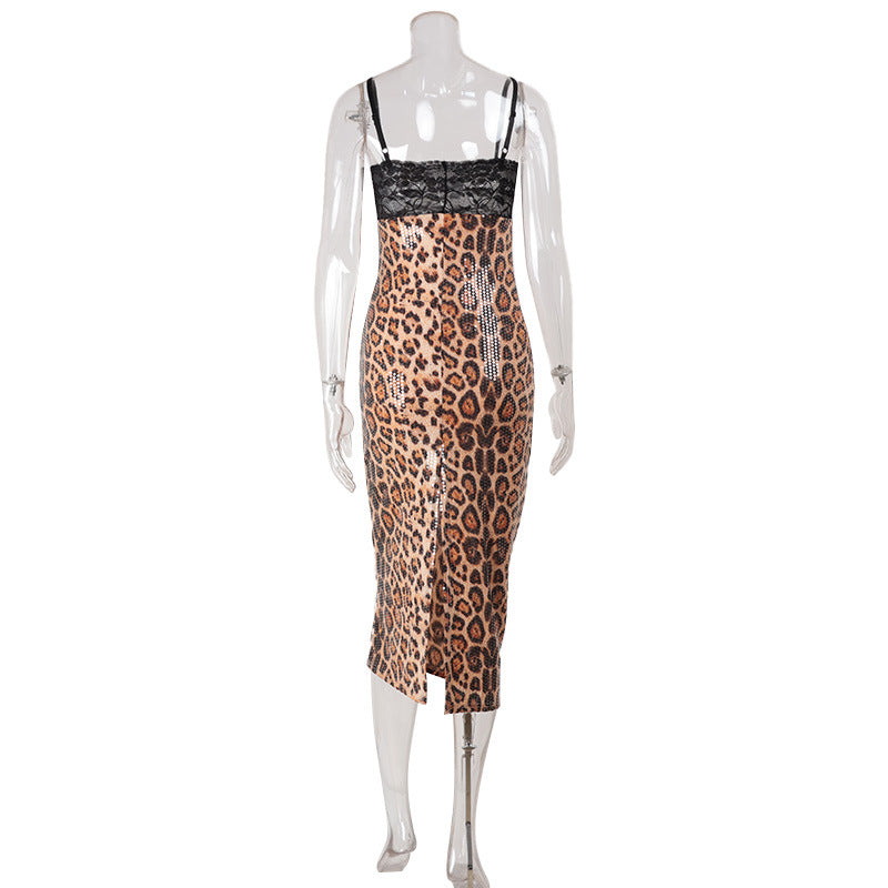 Leopard Print Lace Contrast Sequin Evening Maxi Dress