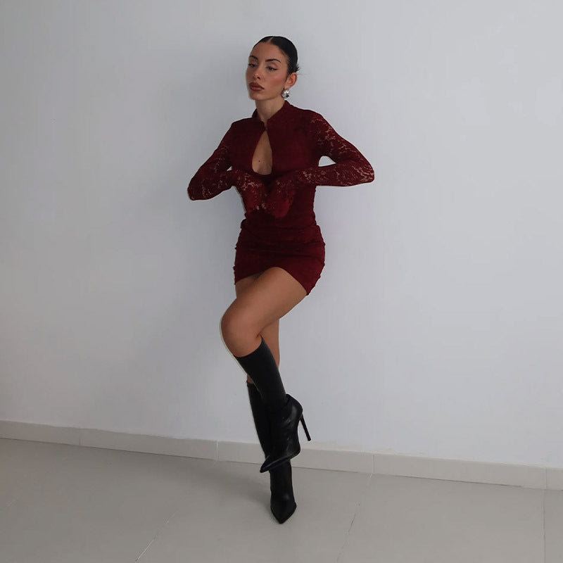 Mandarin-Collar Lace Mini Dress