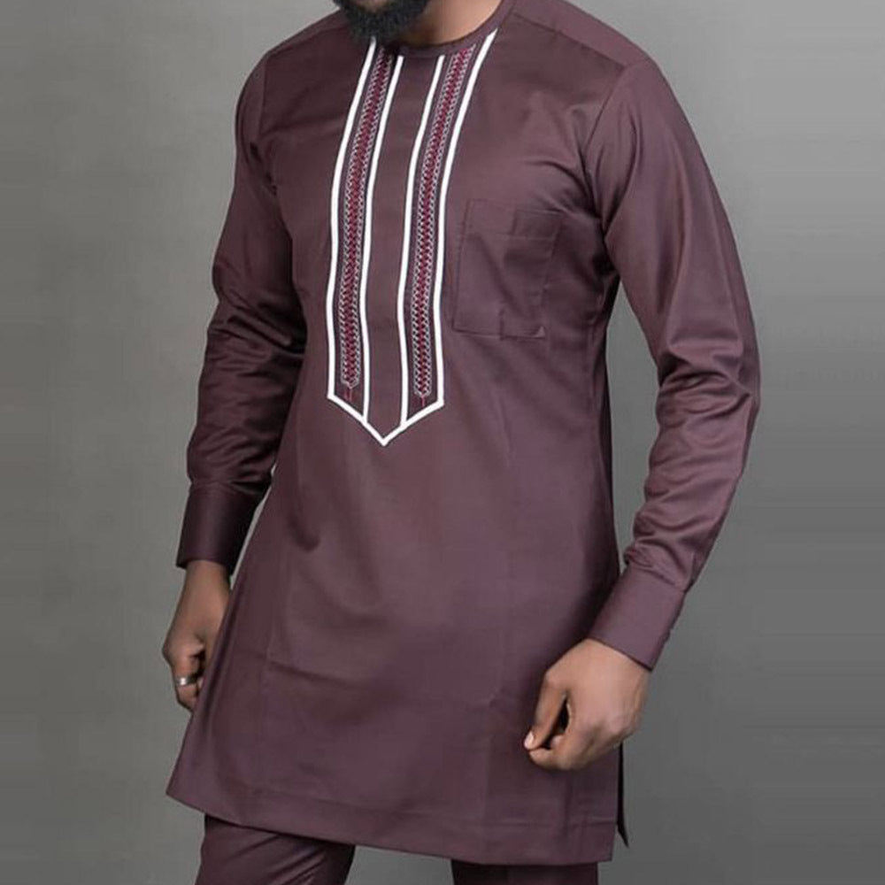Traditional Muslim African Style Men Wedding New Suit 2 Piece Set Round Neck Long Sleeve Top Plus Pants Foreign Trade