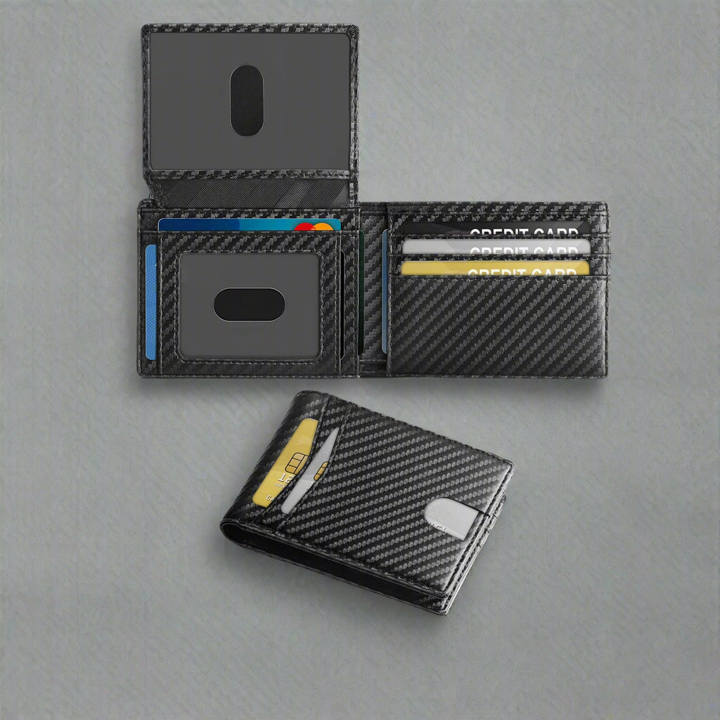 Cross-border wallet, RFID anti-theft brush, multi-functional business wallet, three-fold multi-card slot, full carbon fiber pattern men's wallet