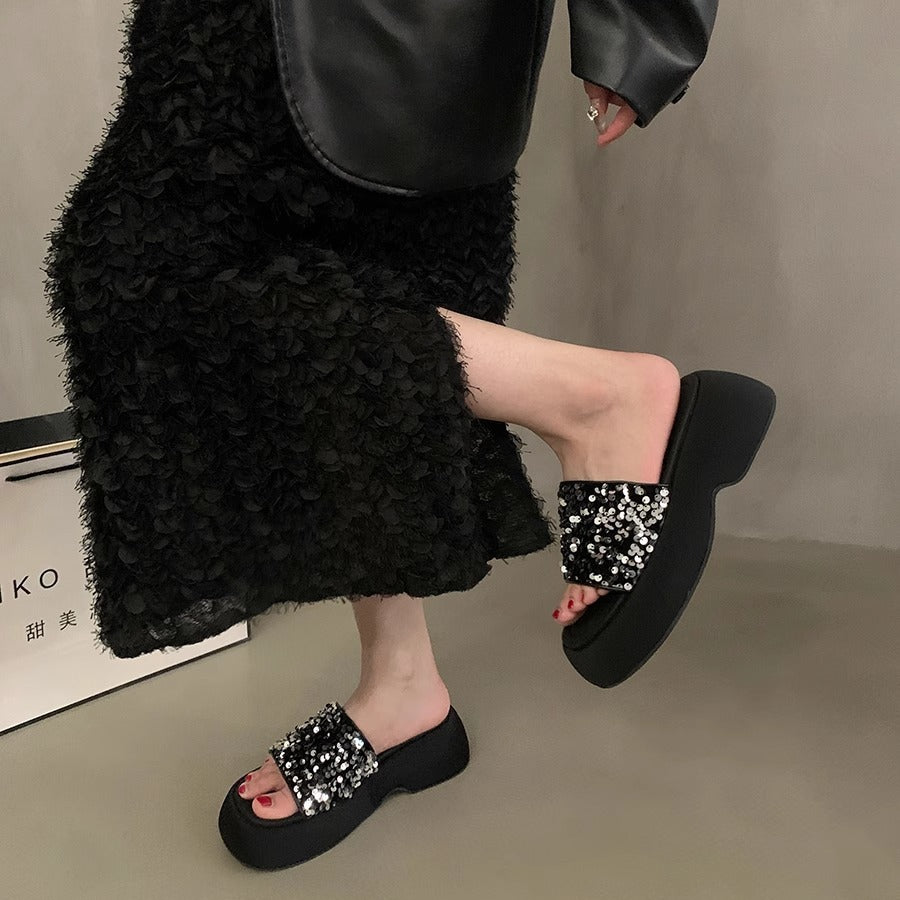 Black Sequin Platform Slides