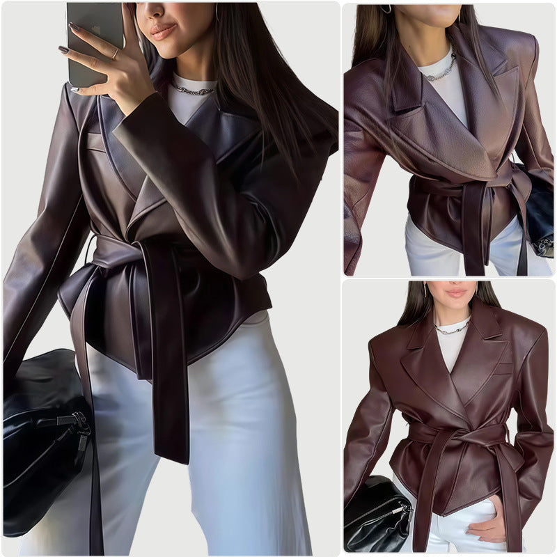 Elegant Faux Leather Wrap Blazer