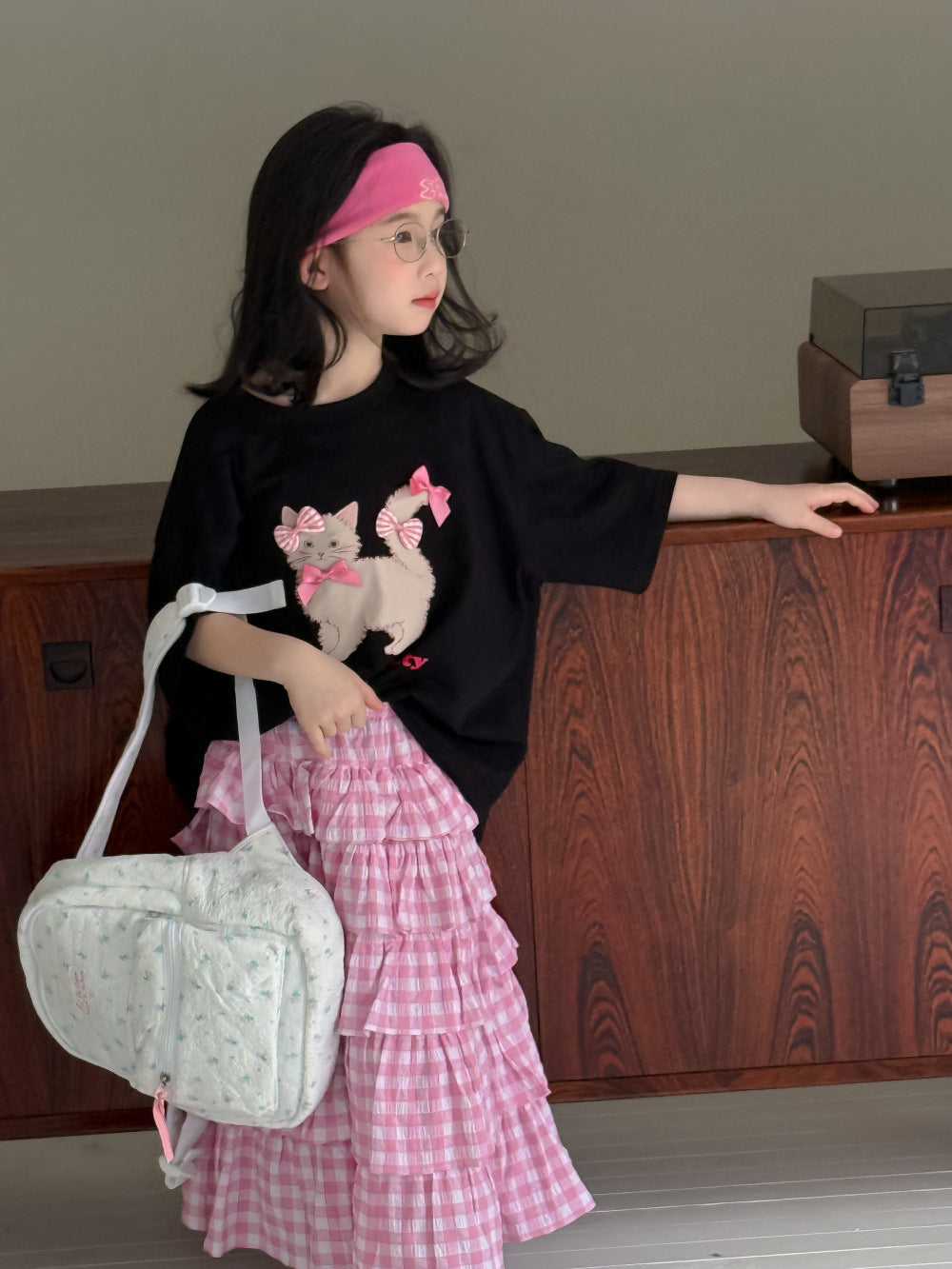 Girls' Cat-Print Bow T-Shirt