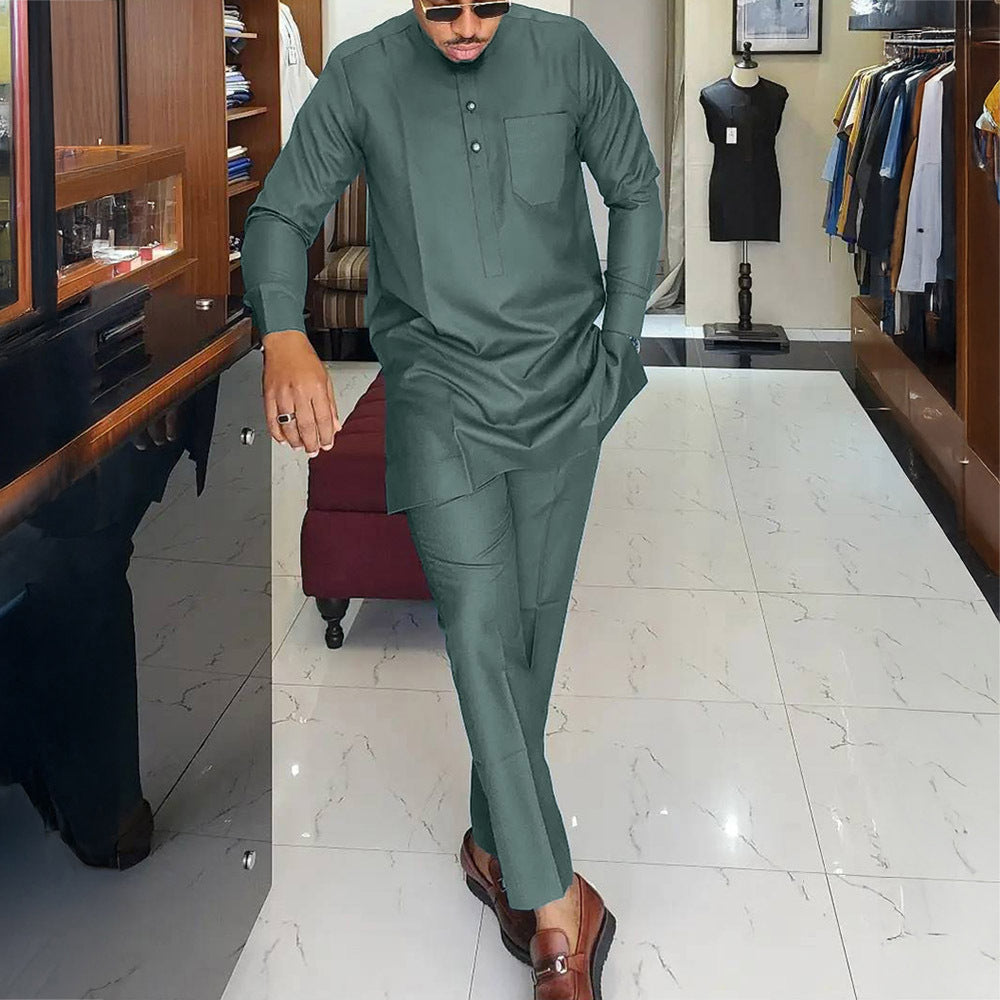 Traditional Muslim African Style Men Wedding New Suit 2 Piece Set Round Neck Long Sleeve Top Plus Pants Foreign Trade