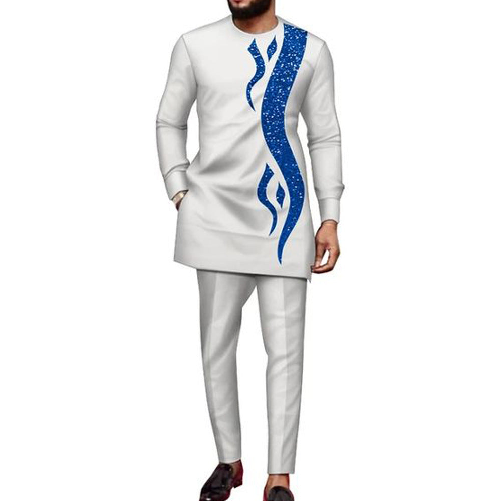 Traditional Muslim African Style Men Wedding New Suit 2 Piece Set Round Neck Long Sleeve Top Plus Pants Foreign Trade