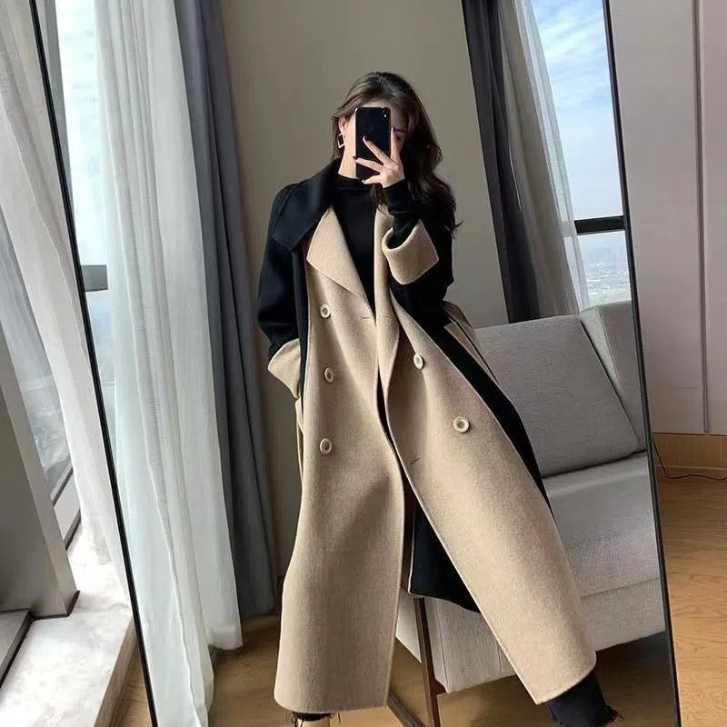 Contrast Panel Long Belted Coat