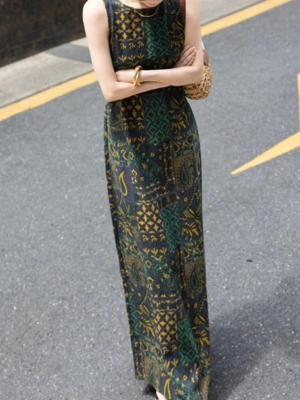 Green Print Sleeveless Maxi Dress