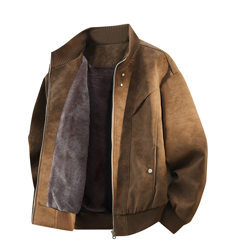 Fleece-Lined Suede Bomber Jacket