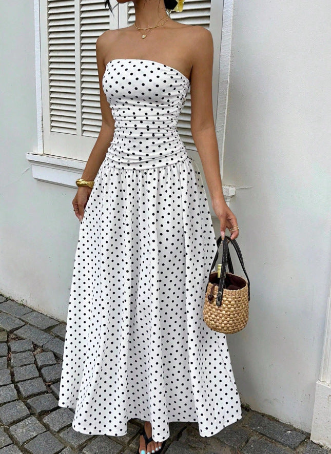 Retro Polka Dot Strapless Maxi Dress