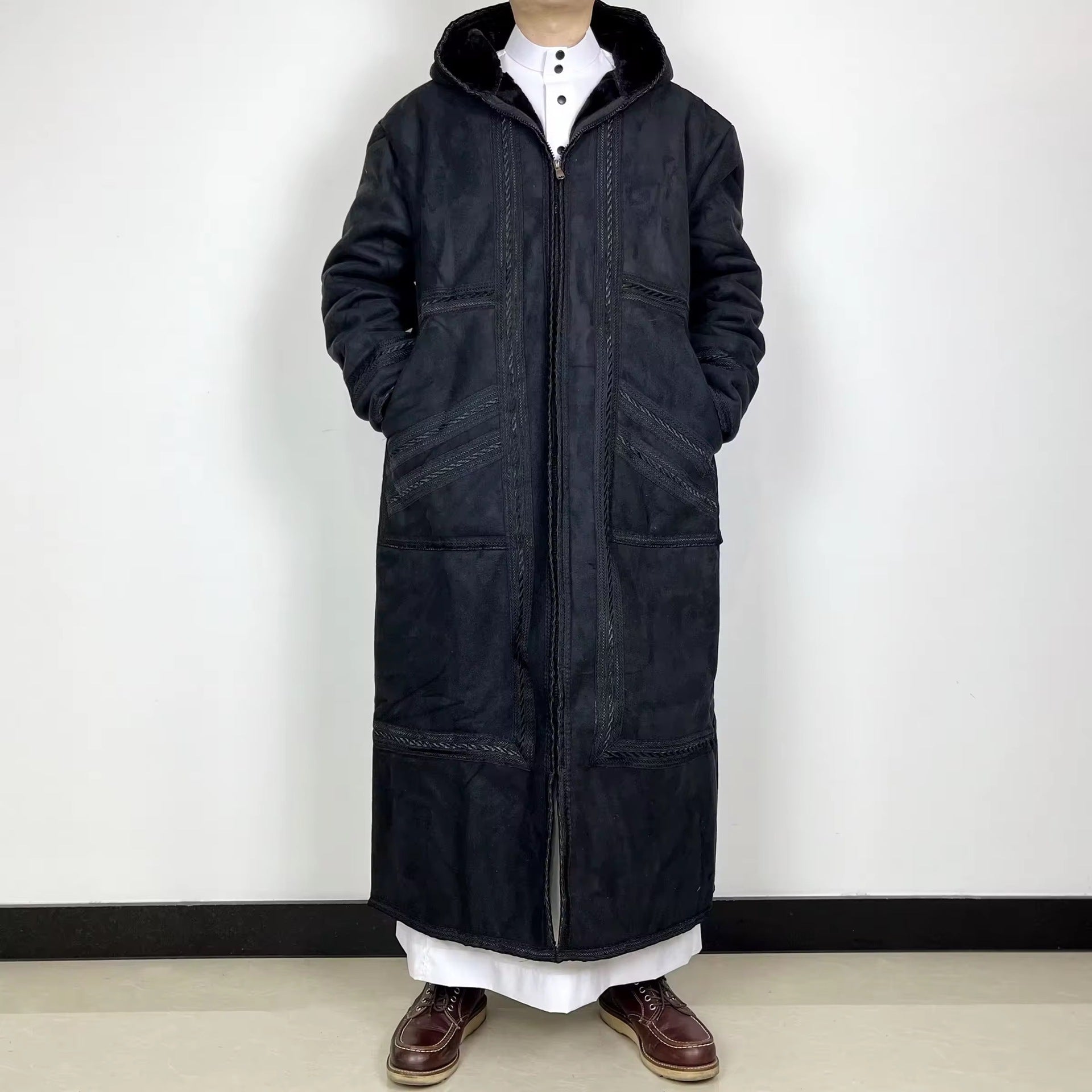 Premium Faux Suede Hooded Thobe Overcoat