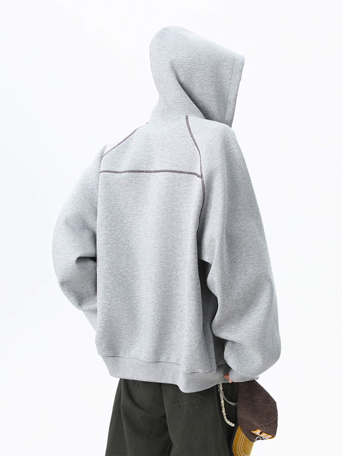 Oversized Contrast-Stitch Zip Hoodie