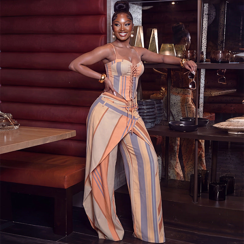 Striped Lace-Up Cami & Wide-Leg Pants Set