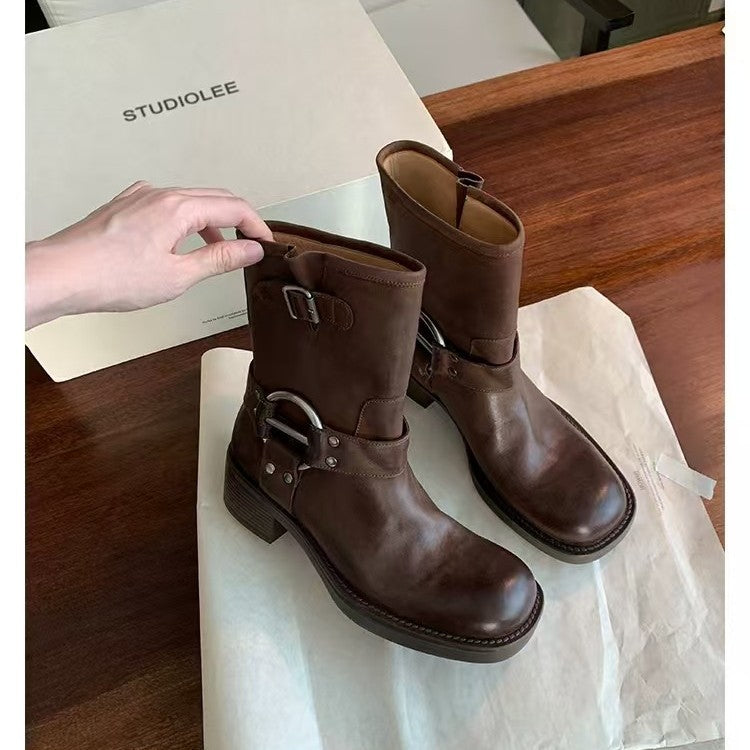 Buckle Leather Ankle Boots